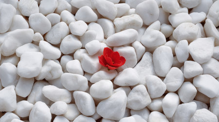 A vibrant red flower rests delicately on a bed of white pebbles, creating a striking contrast. This imagery evokes a sense of tranquility and beauty in minimalism.の素材