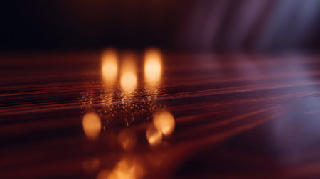 Captivating image of warm glow reflections on a polished surface, featuring soft bokeh lights that provide a calming ambiance for interior design or relaxation settings.の素材