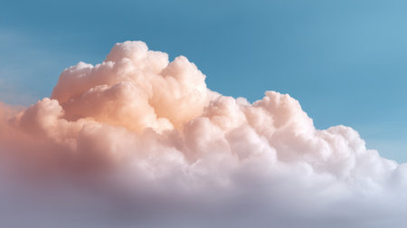 A serene view of a soft pink and white cloud illuminated by gentle sunlight against a clear blue sky. This image captures the beauty and tranquility of natureの素材