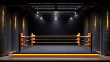 This image features an empty boxing ring set in a contemporary sports arena, highlighted by dramatic lighting. The industrial design creates a perfect backdrop for fitness and competition.の素材