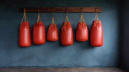 A set of vibrant red punching bags hangs against a calming blue wall in a minimalist gym setting, ideal for themes of fitness, training, and motivation.の素材