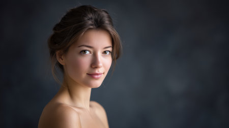 This elegant portrait captures the essence of beauty in a young woman, featuring soft light, a serene expression, and a mesmerizing backdrop that enhances tranquility.の素材