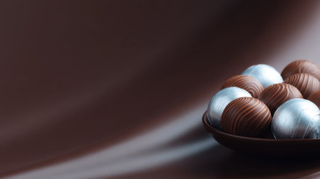 A stylish plate filled with gourmet chocolate treats showcases round chocolates with shiny silver and brown finishes, set against a smooth brown background.の素材