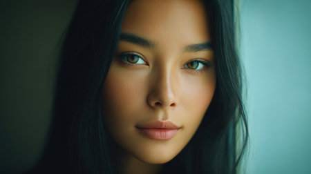 This portrait captures the essence of beauty and tranquility. The young woman gazes softly, with long black hair framing her face, creating a mesmerizing and inviting atmosphere.の素材