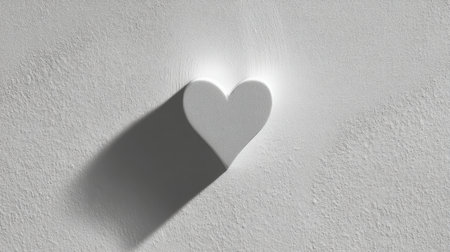 A captivating image featuring a white heart casting a delicate shadow on a light gray wall, ideal for minimalist decor inspiration and emotional themes.の素材