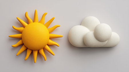 This artistic representation features a vibrant sun alongside a soft cloud, crafted in a playful 3D style, perfect for creative projects and visual inspiration.の素材