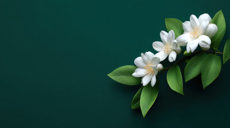 Beautiful arrangement of white flowers and green leaves against a dark green background, ideal for use in various creative and natural design projects.の素材