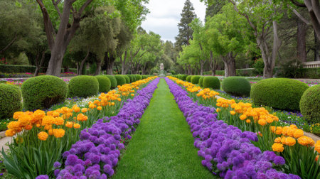 A breathtaking view of a spring garden featuring vibrant flower beds with colorful blooms of yellow and purple, surrounded by lush greenery and trimmed shrubs in a peaceful setting.の素材