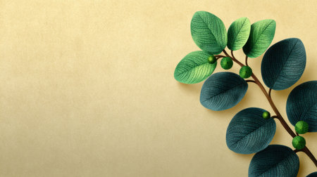 A striking composition featuring lush green leaves against a soft golden background, perfect for adding a touch of nature and elegance to various creative projects.の素材