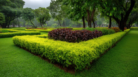 A serene garden landscape showcases meticulously trimmed hedges and colorful flower beds. Soft natural light enhances the vibrant greenery, creating a peaceful atmosphere.の素材