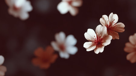 Discover the beauty of delicate flowers gently floating against a dark background, showcasing their soft petals and vivid colors, perfect for nature-inspired themes.の素材