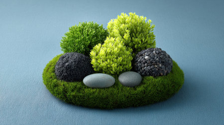 This captivating composition features lush greenery and smooth stones arranged harmoniously on a soft blue background, perfect for serene decor inspiration and nature themes.の素材