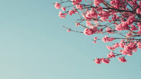 A stunning display of pink blossoms fills the frame, creating a serene spring atmosphere. Soft petals contrast beautifully against a clear sky, highlighting nature's tranquility.の素材