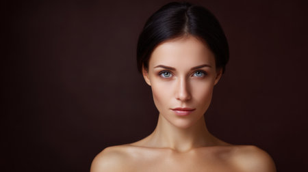 This stunning portrait showcases a young woman with smooth skin and captivating blue eyes, set against a simple dark background that enhances her natural beauty.の素材