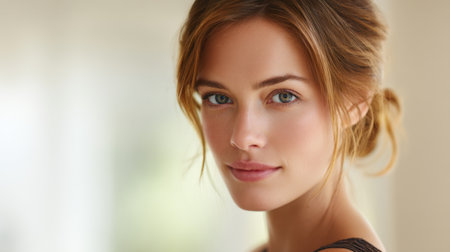 This image features a beautiful young woman with striking eyes and a gentle smile, captured in a serene indoor environment, exuding elegance and confidence.の素材