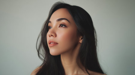 A captivating portrait of a woman with long black hair, exuding elegance and serenity as she gazes thoughtfully into the distance against a soft background.の素材
