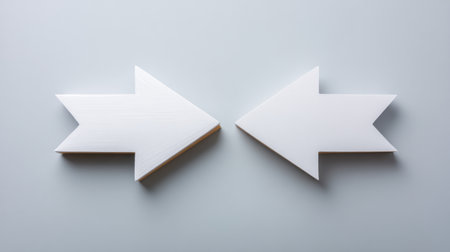 Two white arrow shapes are positioned on a soft gray background, creating a striking visual about direction and guidance in various design contexts.の素材