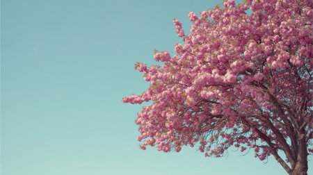 A beautiful tree adorned with soft pink blossoms stands against a clear sky, capturing the essence of springtime with its vibrant colors and peaceful atmosphere.の素材