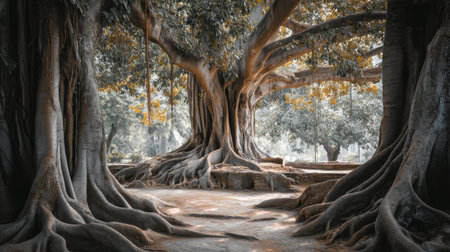 Discover the beauty of majestic trees with expansive roots in a tranquil forest. This serene scene highlights nature's wonders under soft sunlight.の素材