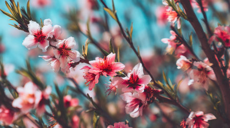A stunning close-up of soft pink blossom flowers on branches against a light blue background. This vibrant nature scene evokes feelings of spring and renewal.の素材