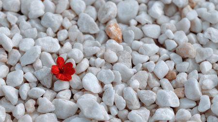 A striking single red flower contrasts beautifully against a bed of small white pebbles, creating a serene and calming scene ideal for nature-themed photography or design.の素材