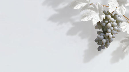 This image showcases a cluster of fresh green grapes accompanied by delicate leaves against a pristine white background, highlighting health and simplicity.の素材