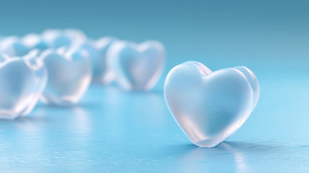 A captivating close-up of heart-shaped ice cubes resting on a soft blue surface, evoking feelings of love and refreshing coolness in an artistic composition.の素材
