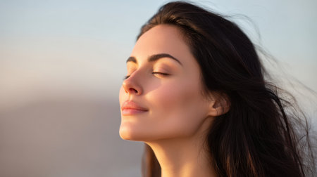 A serene woman with closed eyes captures a tranquil moment in nature, embracing the soft light of sunrise and radiating calm and relaxation in her expression.の素材