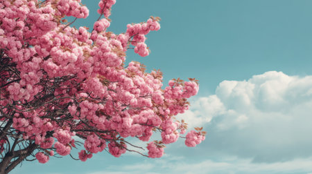 A stunning view of a pink flowering tree set against a bright blue sky filled with fluffy clouds, evoking a sense of peace and the beauty of nature in spring.の素材