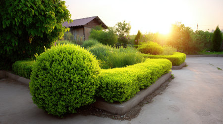 A serene garden scene bathed in the warm glow of sunset, featuring lush green hedges and vibrant plants, perfect for nature lovers and tranquil retreats.の素材