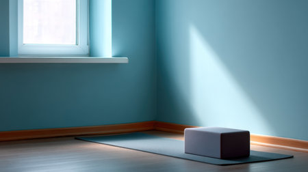 A tranquil yoga space featuring a soft blue wall, a simple yoga block, and natural sunlight pouring in through a window, creating a peaceful environment for meditation.の素材