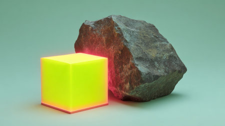 A striking image featuring a bright neon cube light positioned beside a rough stone rock. The stylized green background enhances the contrast, evoking modern design elements.の素材