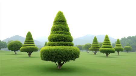 A tranquil landscape features beautifully sculpted green trees in various shapes, set against a misty sky, creating a serene atmosphere perfect for peaceful retreats.の素材