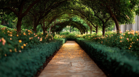 Discover a tranquil pathway surrounded by lush greenery and colorful flowers. Embrace the beauty of nature in this serene garden setting, perfect for relaxation.の素材
