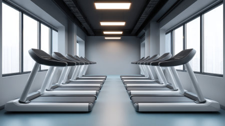 A spacious and modern gym interior showcases multiple treadmills lined up in a well-lit area, perfect for workouts. Large windows enhance the energetic atmosphere.の素材
