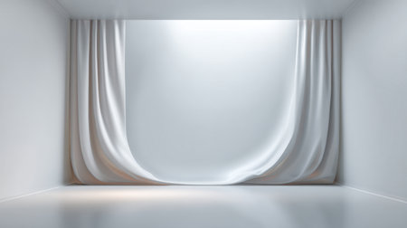 A minimalistic interior featuring soft white drapes and bright light creates a serene atmosphere, perfect for artistic visuals, backgrounds, and creative themes.の素材