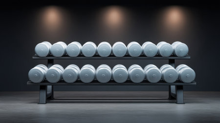 A modern gym interior featuring a sleek black metal rack filled with white dumbbells, elegantly lit to create a motivating space for fitness and strength training.の素材