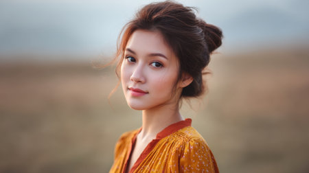 A captivating portrait of a young woman showcasing her natural beauty in a scenic outdoor setting, exuding warmth and tranquility with a gentle smile.の素材