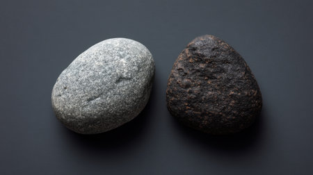 A striking comparison of a smooth gray stone and a rough black stone showcases the beauty of natural textures against a dark background, perfect for artistic projects.の素材
