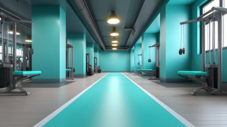 Experience a vibrant and spacious fitness center featuring light blue walls and modern exercise equipment, ideal for energizing workout sessions and personal fitness routines.の素材