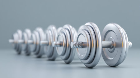 A stunning display of shiny silver dumbbells lined up perfectly on a soft blue surface. Ideal for conveying fitness, strength training, and workout themes in visual projects.の素材