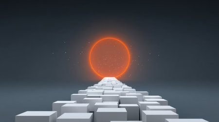 Explore an abstract representation of a pathway leading to a glowing sun, illustrating themes of hope and inspiration within a geometric landscape.の素材