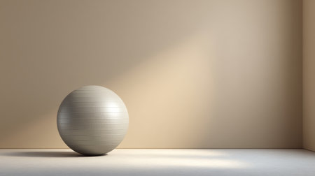 A serene interior showcases a large exercise ball in a sunlit corner, emphasizing minimalism with warm wall tones and a smooth floor, ideal for fitness or relaxation.の素材