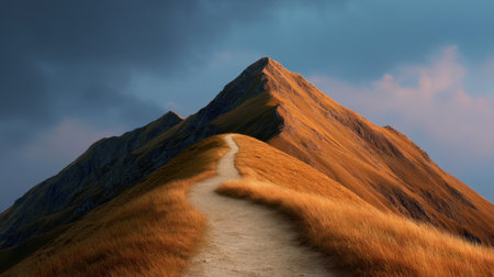 A beautiful hiking path winds its way up a rugged mountain, surrounded by golden grass under a dramatic and moody sky, perfect for outdoor enthusiasts seeking serenity.の素材