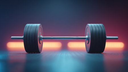 A high-quality image of a heavyweight barbell against a striking blue and red neon background, ideal for fitness, gym themes, and strength training concepts.の素材