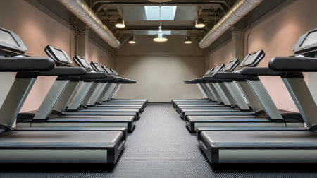 This image features a modern gym with rows of treadmills arranged neatly in a well-lit, spacious fitness studio, showcasing a focus on healthy living and exercise.の素材