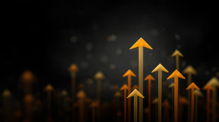 This abstract image features upward arrows in golden shades, representing growth and success, set against a dark, blurred background. Perfect for inspiring visuals.の素材