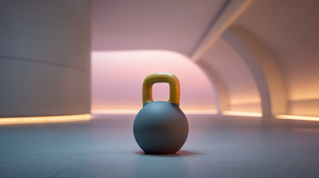 A modern kettlebell stands prominently in a minimalist gym setting, illuminated by soft lighting, symbolizing strength, fitness, and a healthy lifestyle.の素材