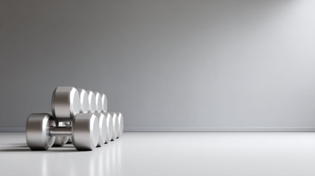 A sleek arrangement of silver dumbbells in a modern gym setting showcases minimalist design. The polished floor and soft light create an inspiring workout space.の素材