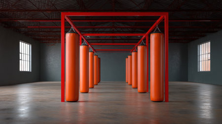 Spacious gym area filled with striking orange punching bags on a bold red frame, perfect for training sessions, workouts, and physical fitness activities.の素材